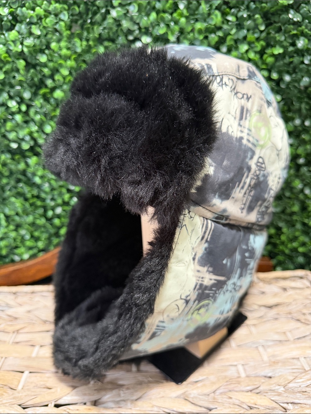 The North Face Black Faux Fur Trapper Hat with Patterned Shell